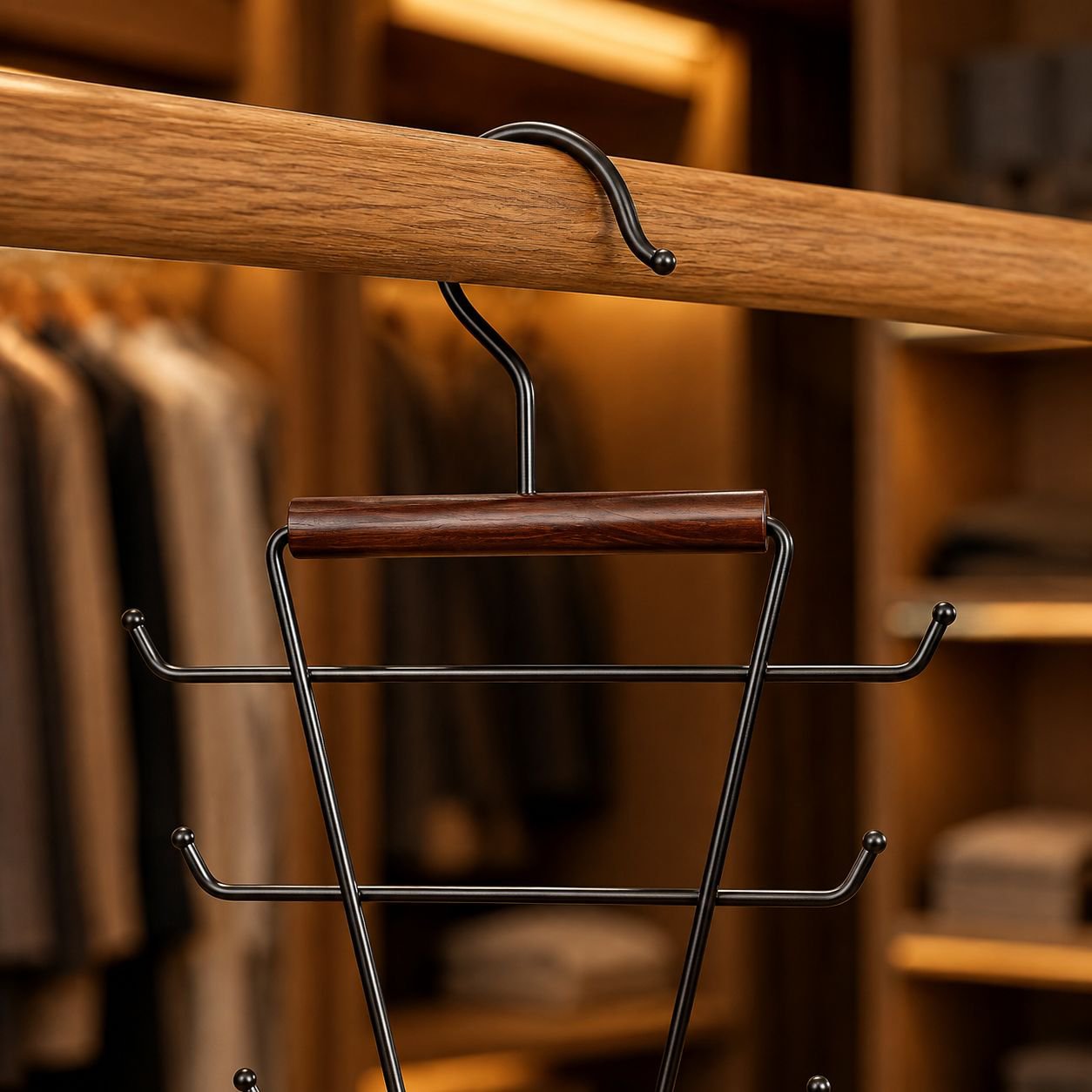 JMY Perchero de doble cara en forma de V de madera maciza y hierro con estante