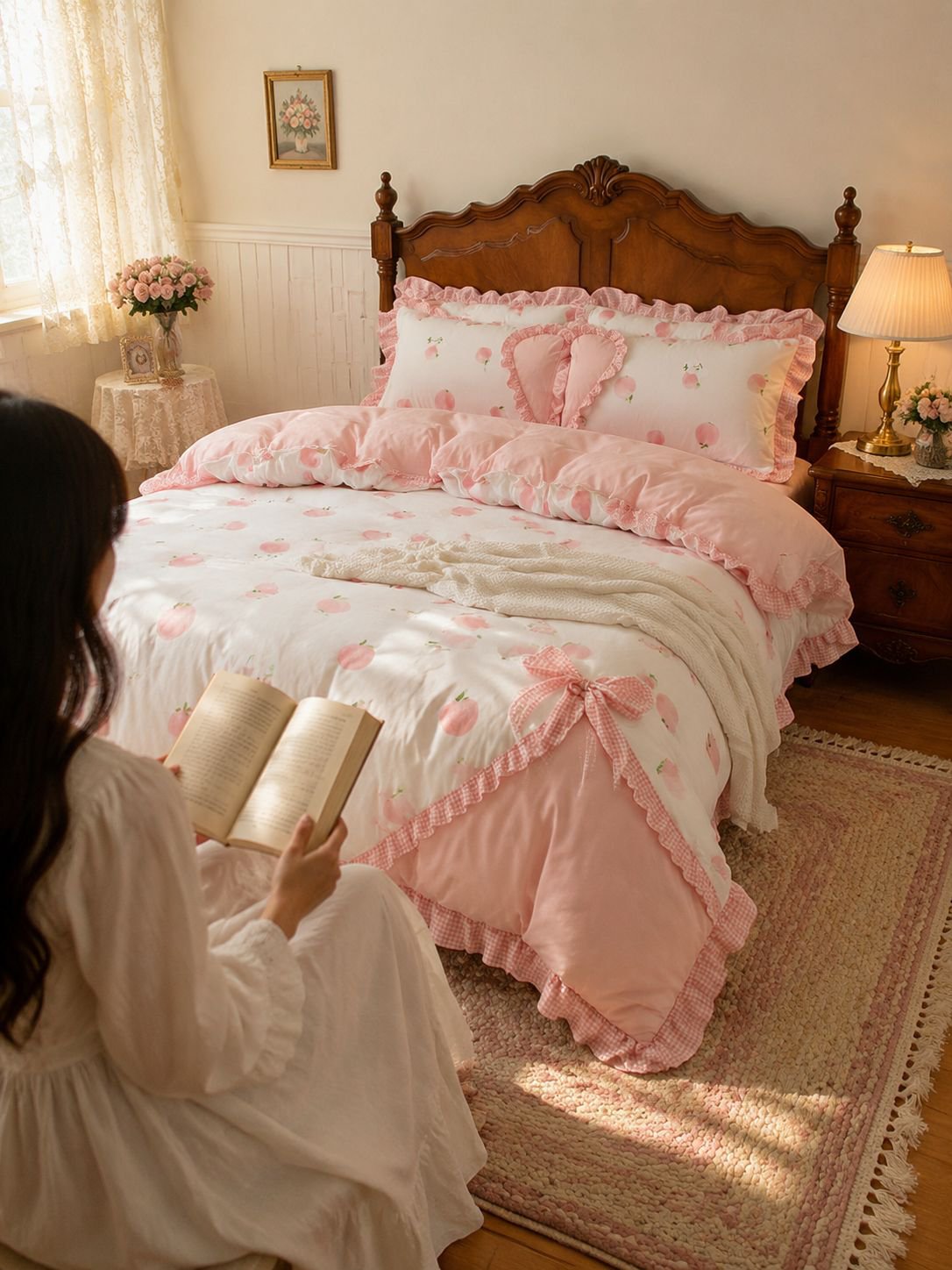 Princess style cotton bedding set with lace trim for double bed