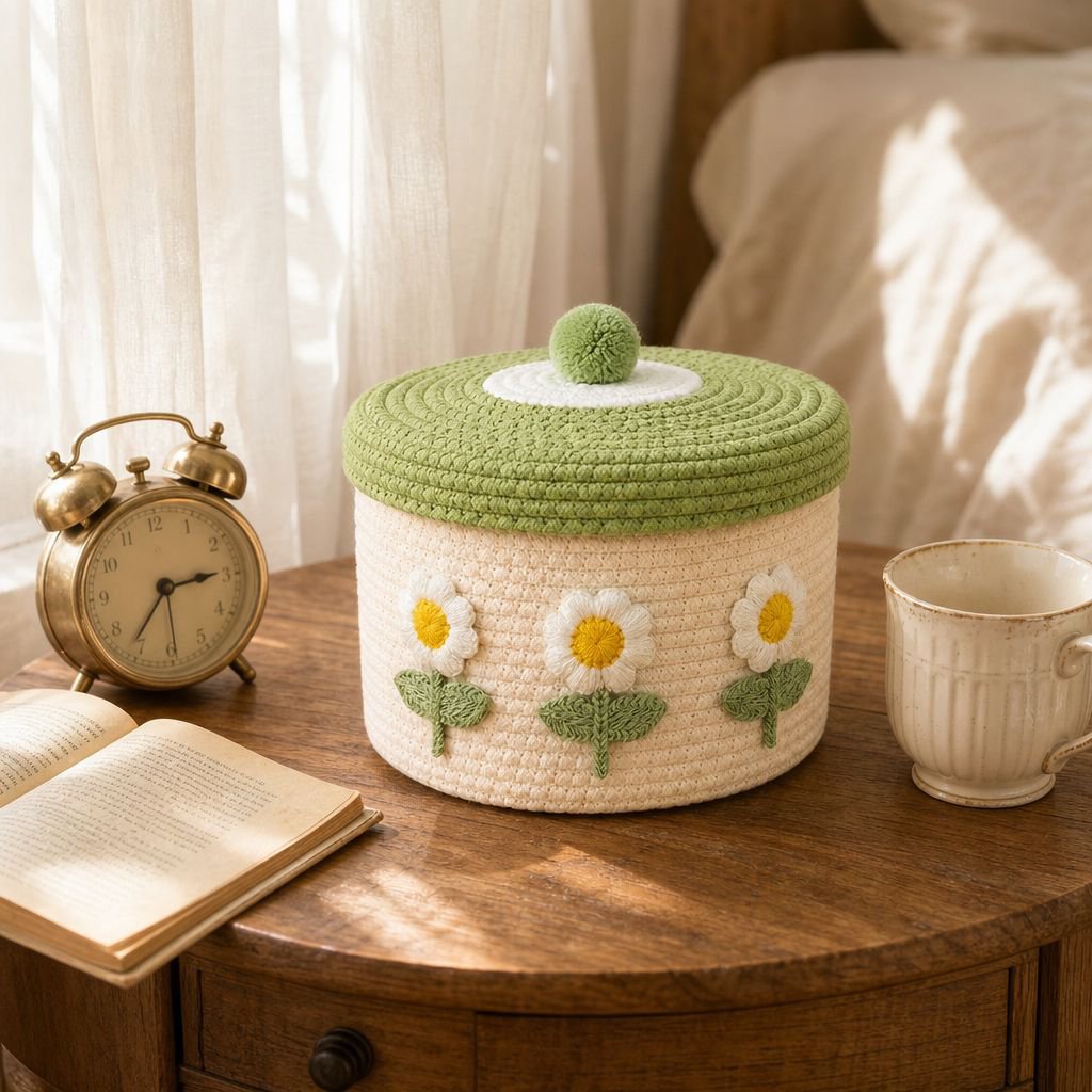 Panier de rangement tressé en coton avec couvercle