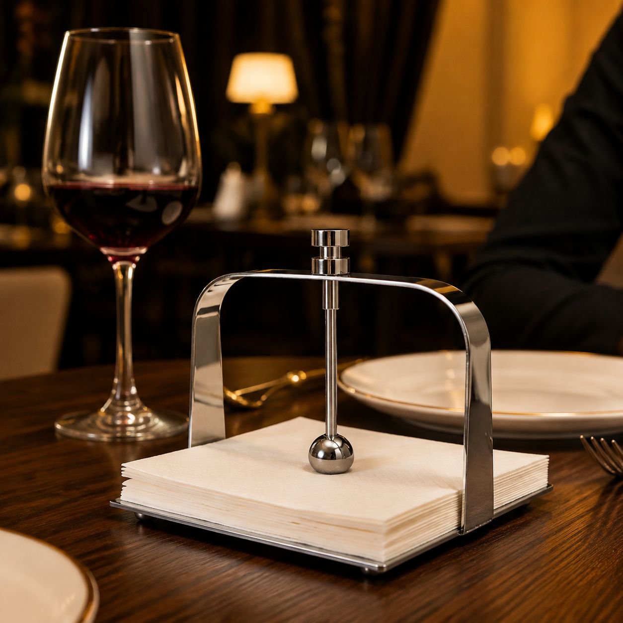 Porta servilletas cuadrado de acero inoxidable sobre mesa de restaurante