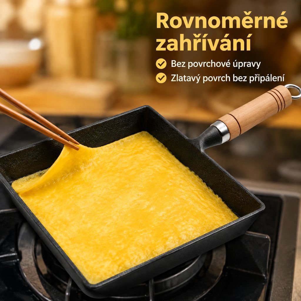 Litinová čtvercová pánev na Tamagoyaki a japonské vaječné omelety, bez povlaku