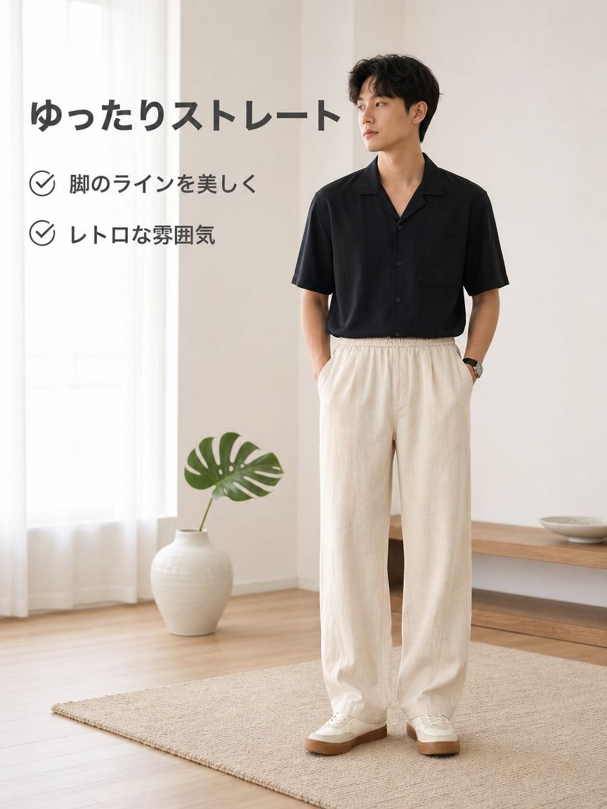 夏向けの薄手でレトロなワイドレッグストレートルーズ通勤パンツ