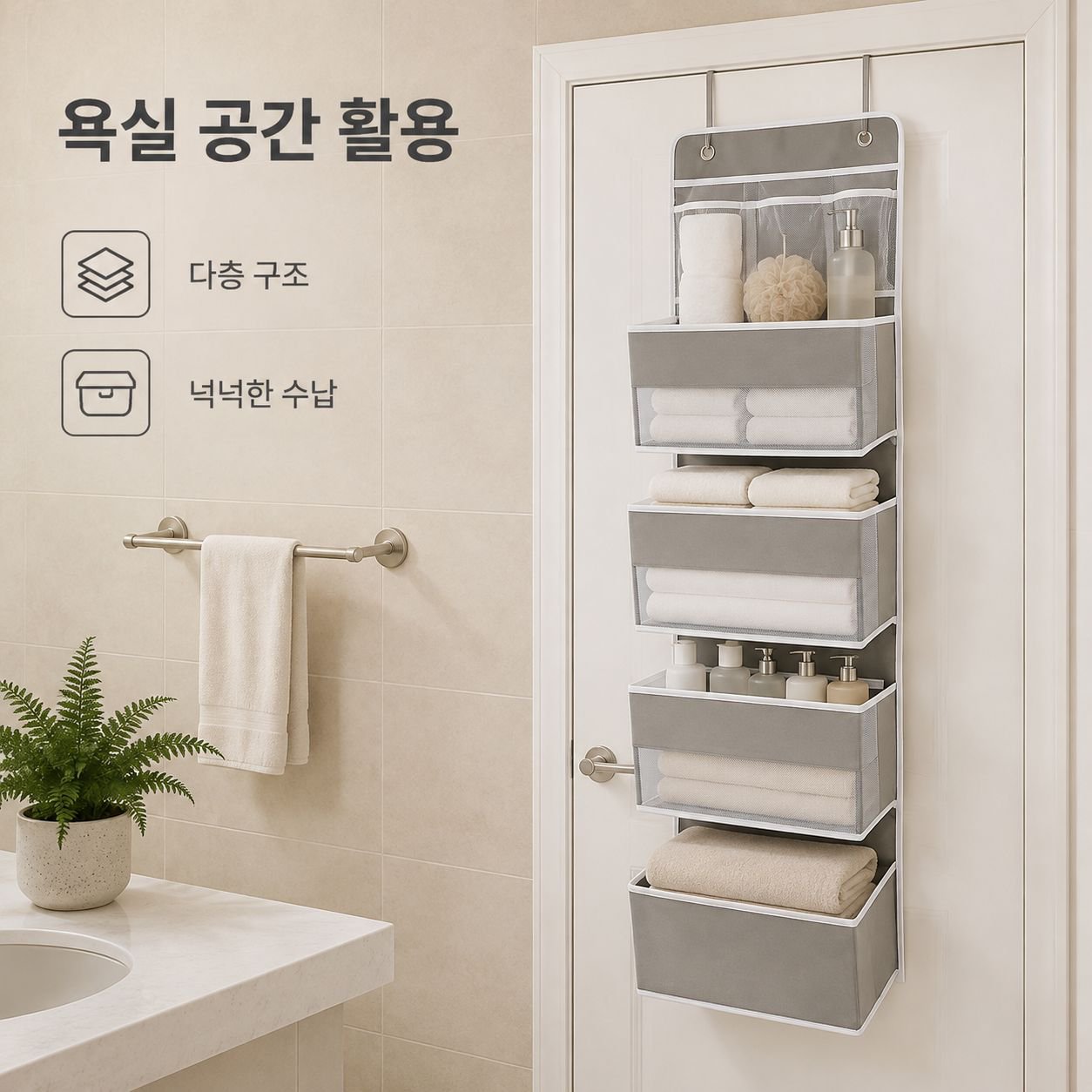 문 뒤에 걸려 있는 여러 겹의 수납 가방