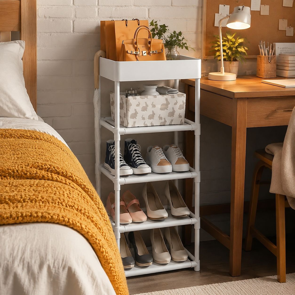 Easy-to-assemble dorm shoe rack with space-saving design