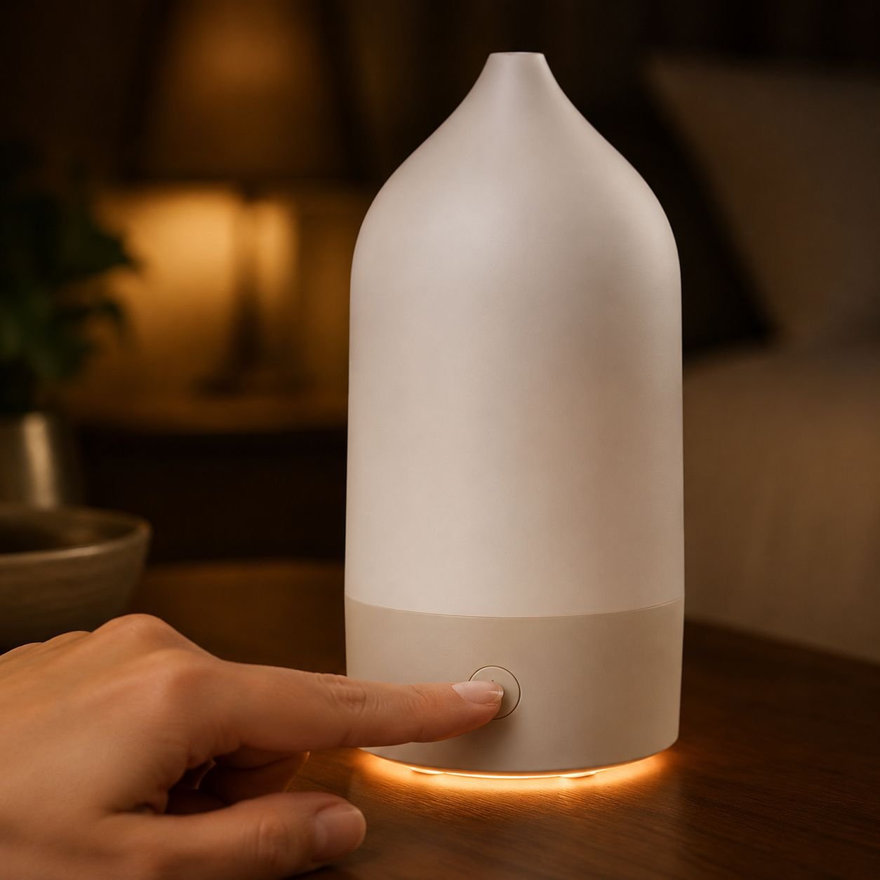 Close-up of LED mood lighting on vase-shaped diffuser