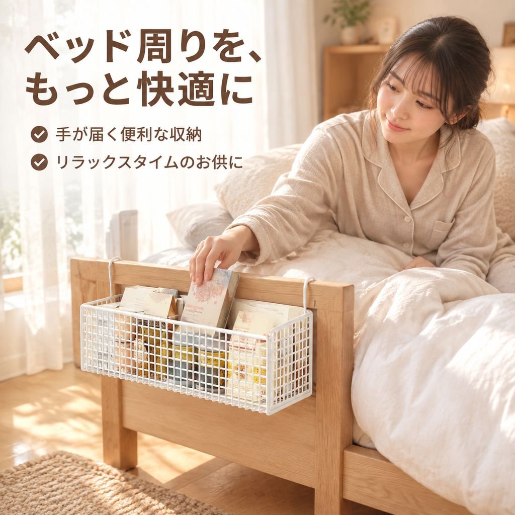 ベッドサイド収納ラック 吊り下げバスケット 穴あけ不要