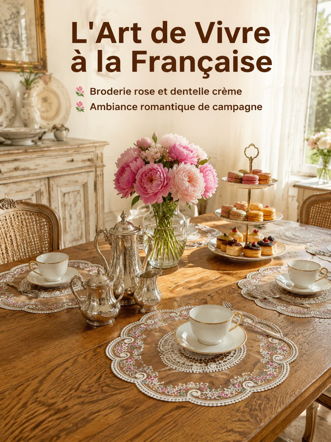 Nappe en tissu avec broderie élégante et finitions en dentelle française