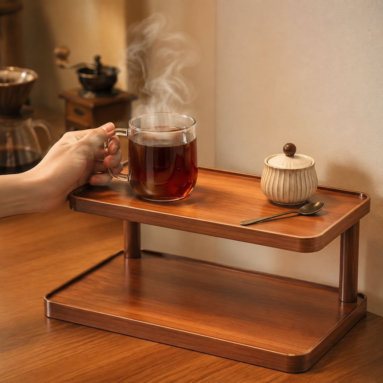 Cup storage rack neatly holding coffee mugs on a desk