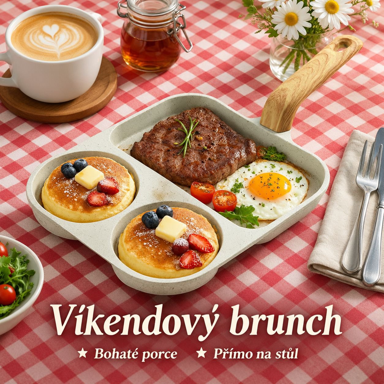 Nepřilnavá dělená snídaňová pánev 3v1 na volská oka, lívance, hamburgery a steaky