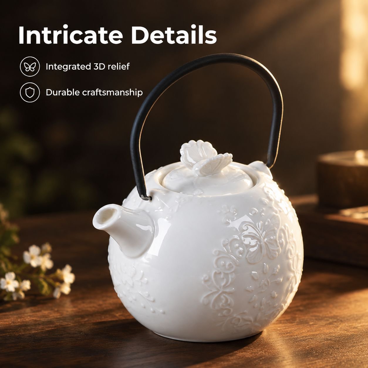 European-style ceramic teapot with butterfly relief
