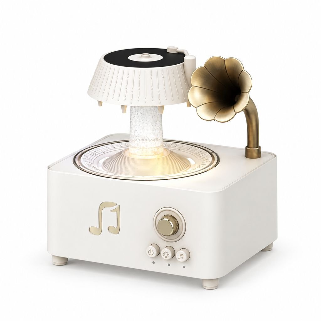 レトロ蓄音機風の雨滴加湿器、7色ムードライト・リモコン付き、家庭用静音アロマディフューザー