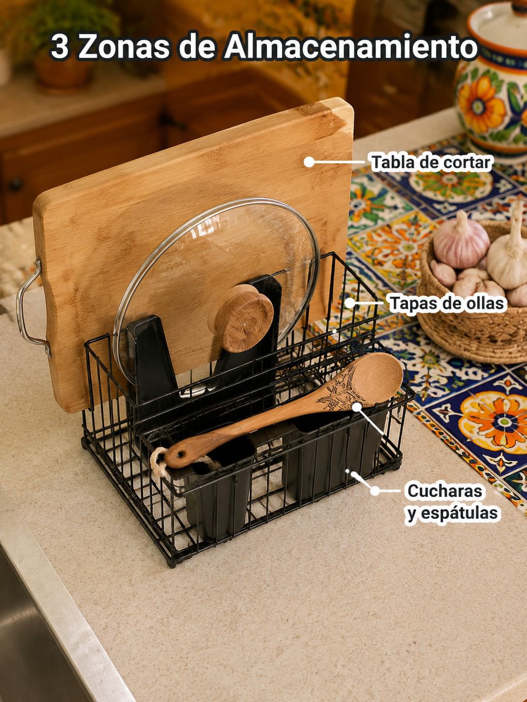 Soporte para cucharas y set de tabla para picar