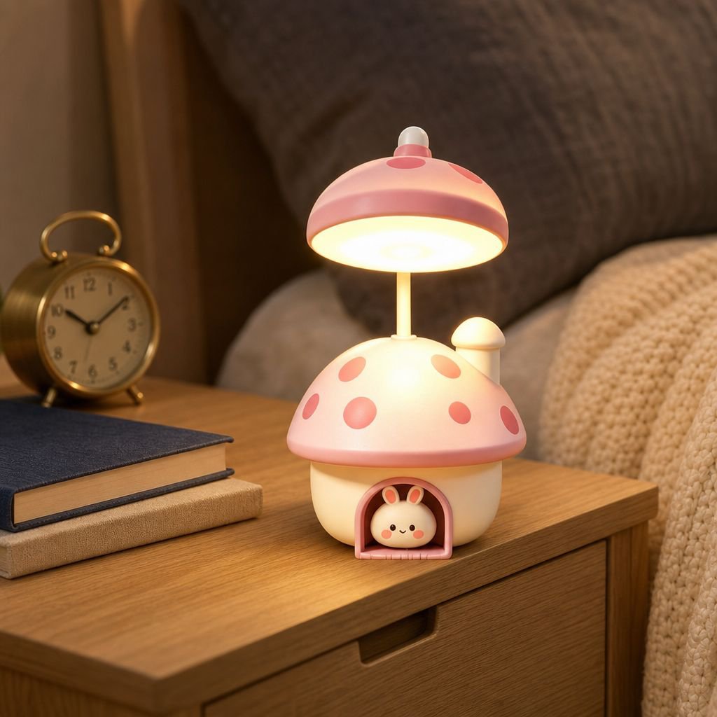 Lámpara de escritorio USB con forma de conejo y seta, adorable