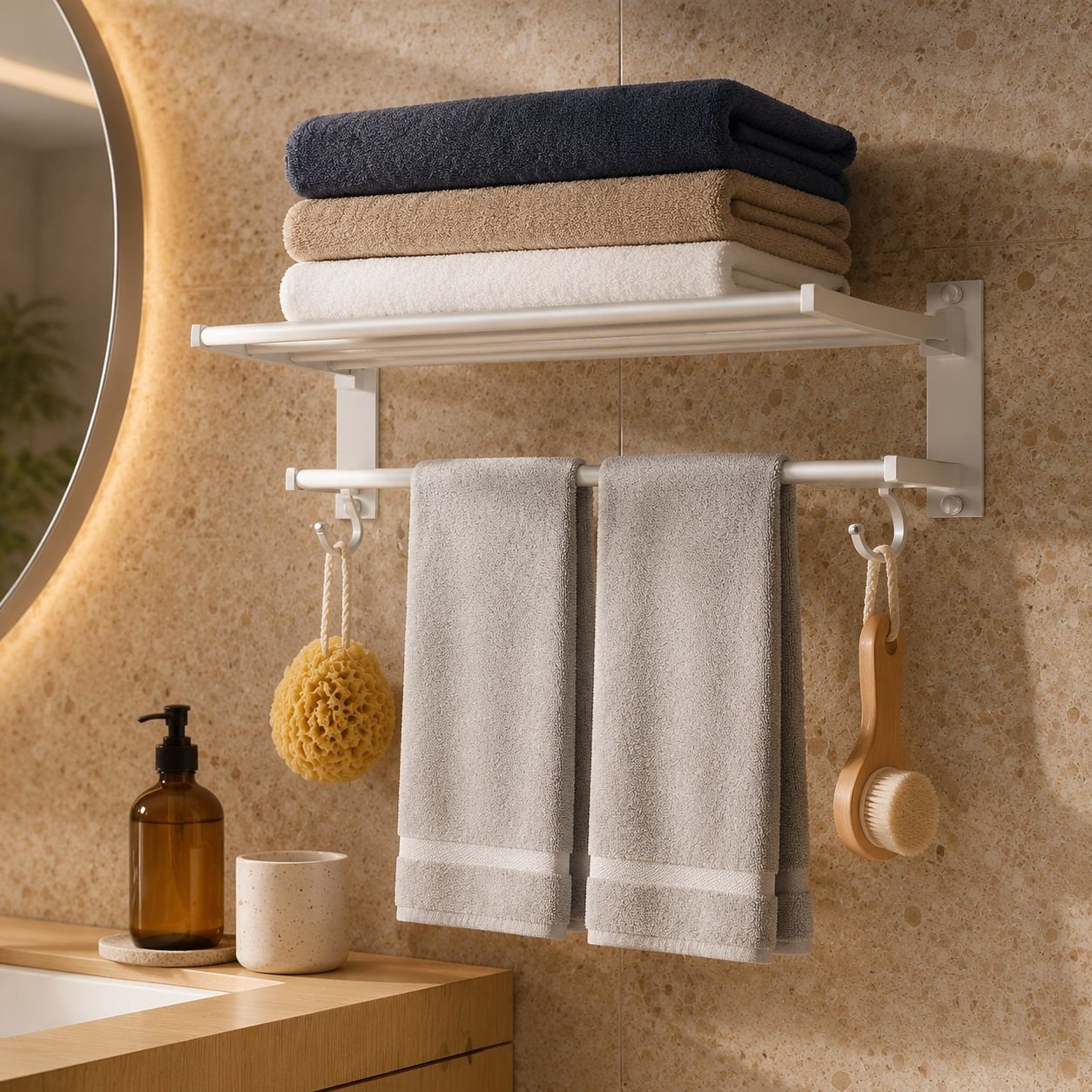 No-punch installation towel rack holding multiple towels