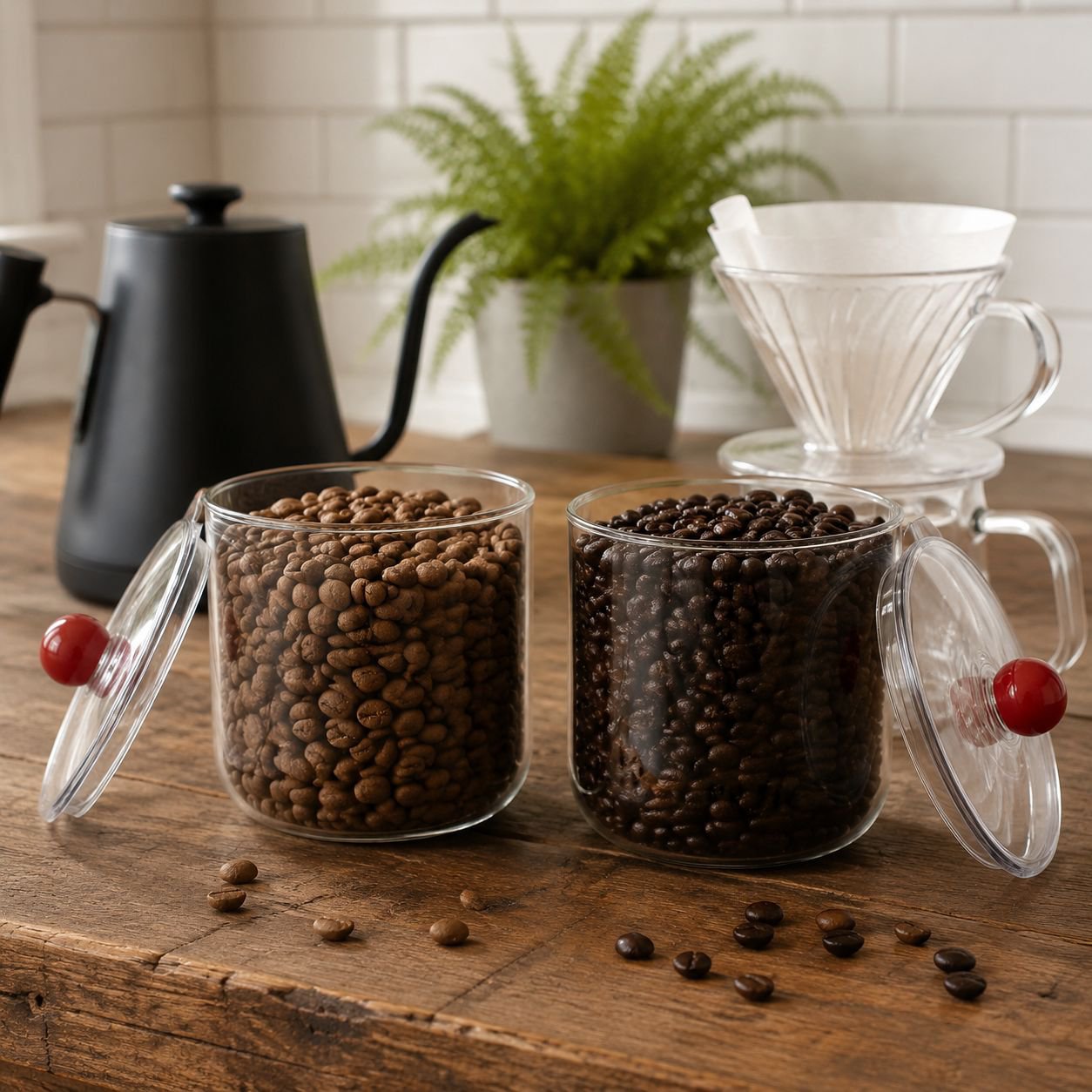 Clear airtight coffee jar with measuring scoop