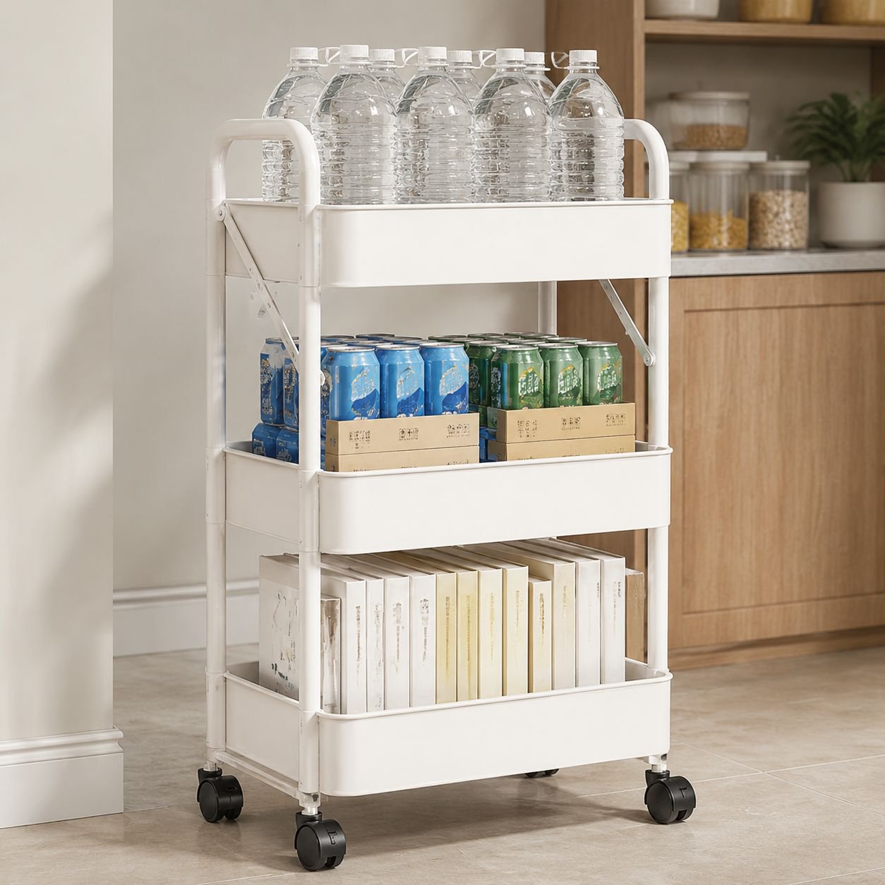 Foldable storage rack holding kitchen items