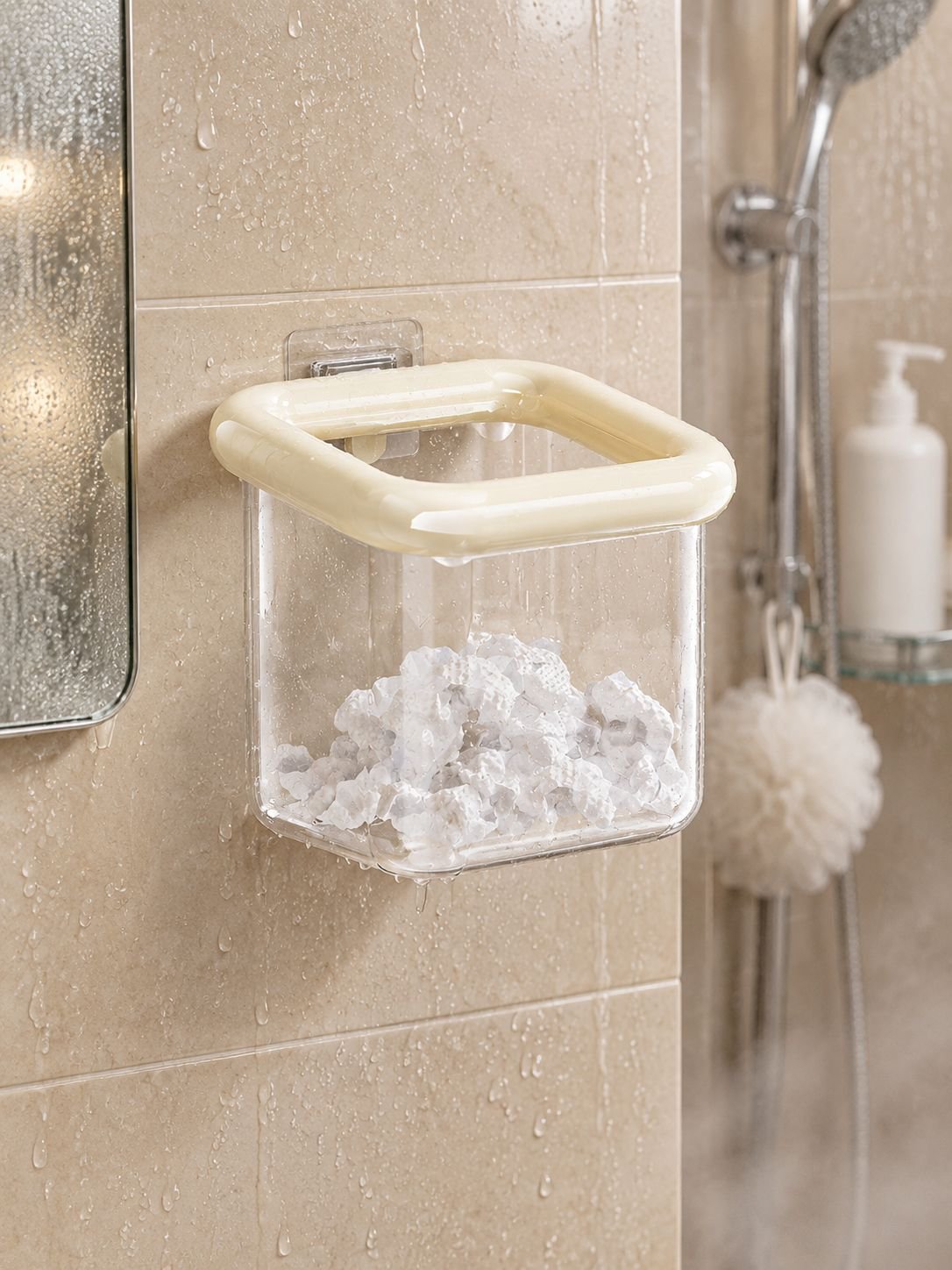 Organizador de pared para baño con artículos de tocador