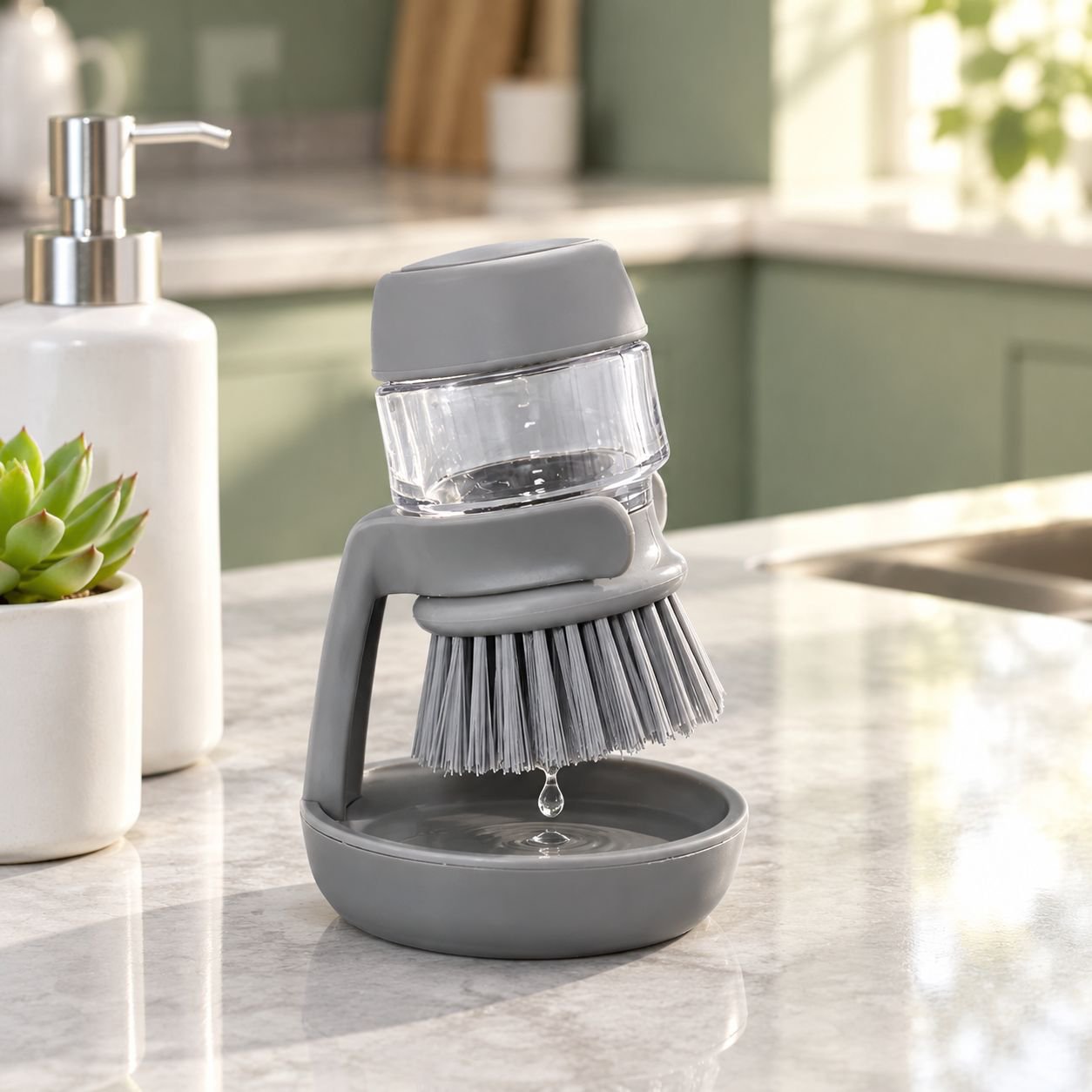 Mess-free dishwashing with soap dispensing brush