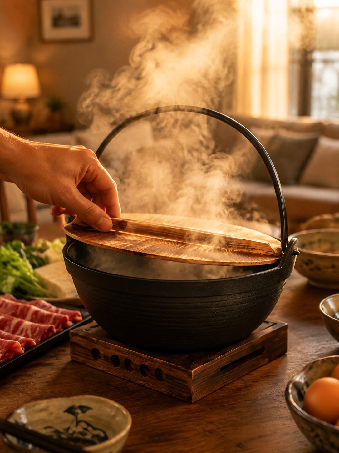JS cast iron pot with wooden lid and handle