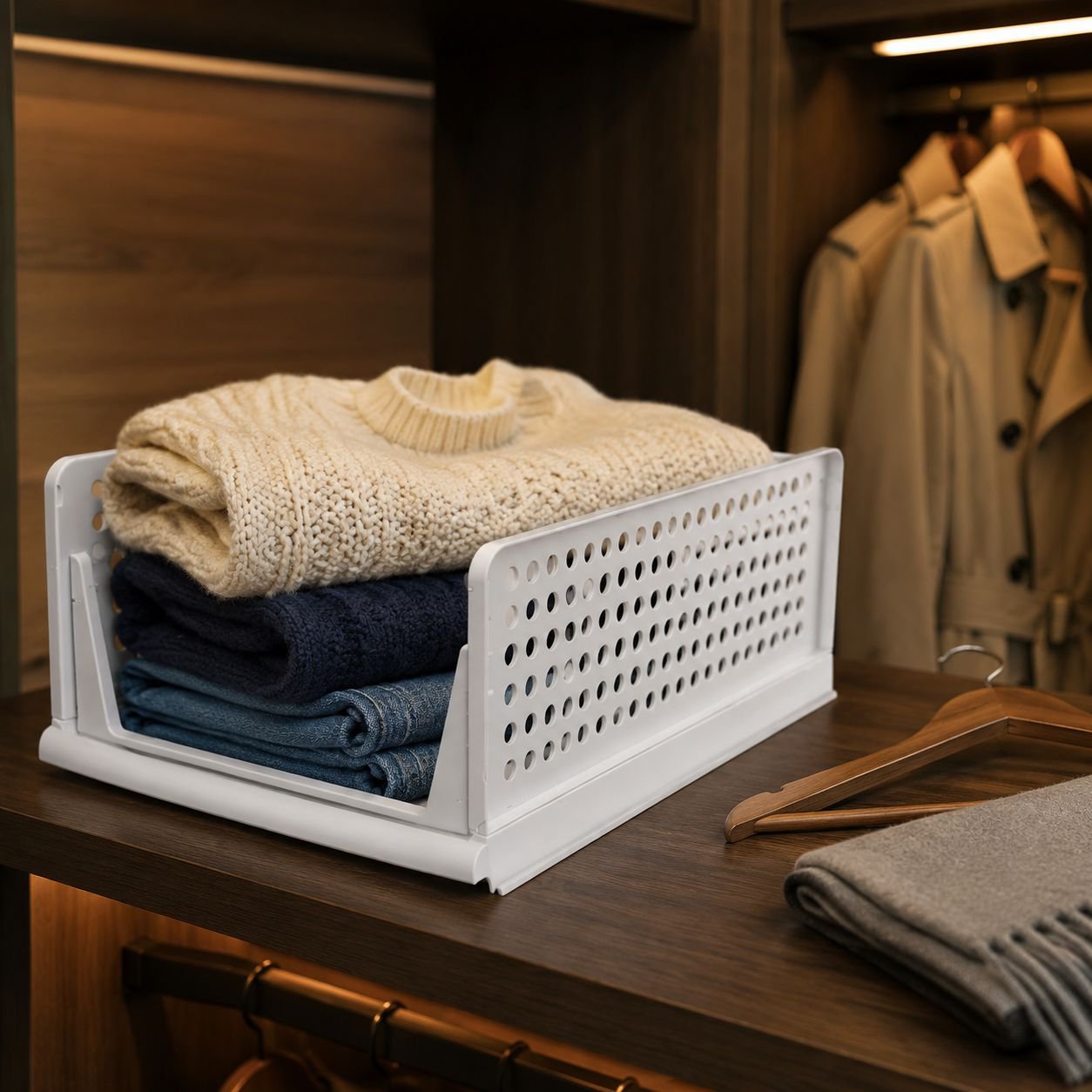 Side view of multi-layer plastic storage cabinet