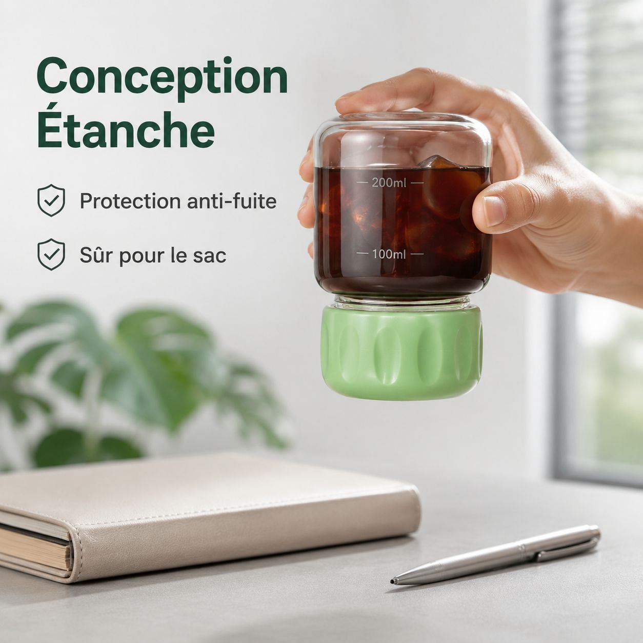 Tasse en verre borosilicate portable et shaker