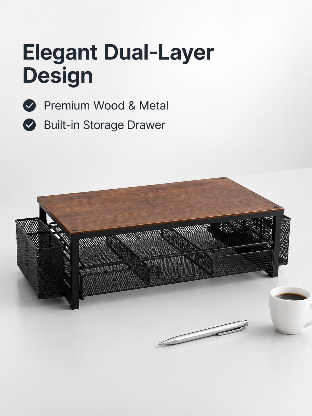 Dual-Layer Metal & Wood Monitor Stand with Drawer Desktop Organizer