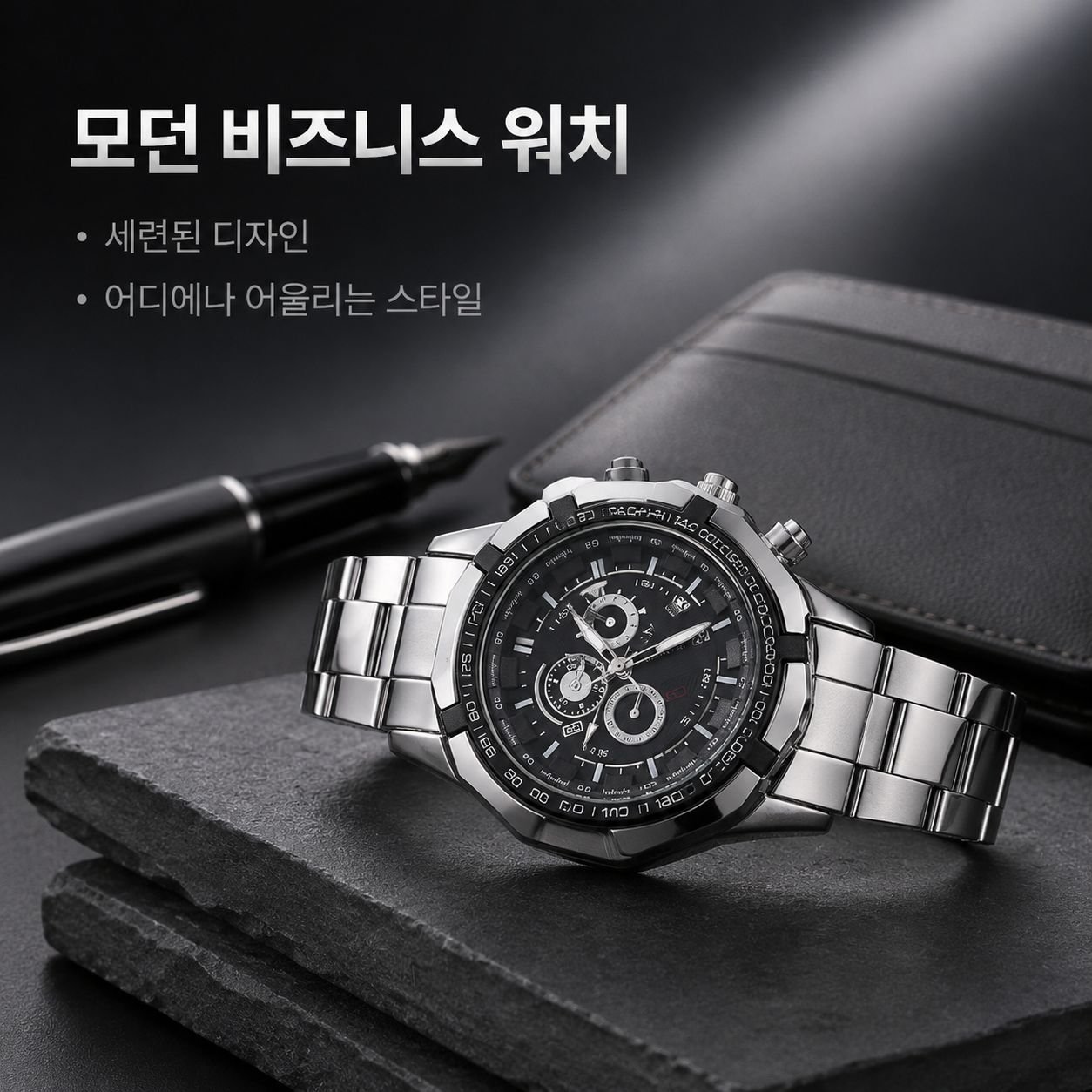 남성용 패션 쓰리아이 캘린더 쿼츠 시계