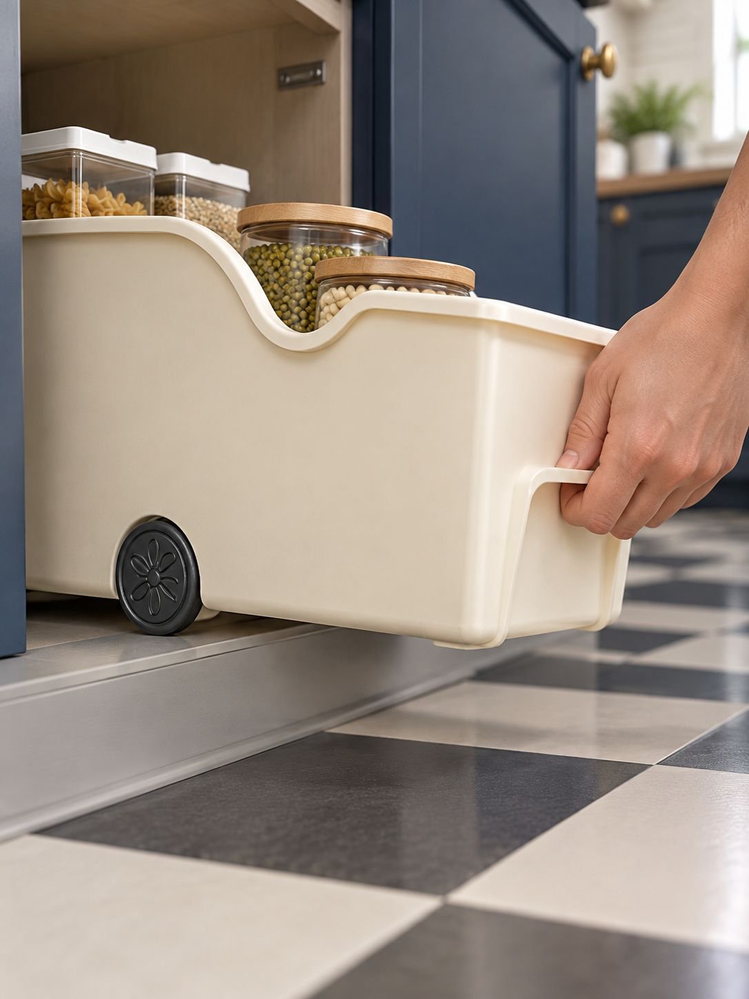 Space-saving kitchen storage container with wheels