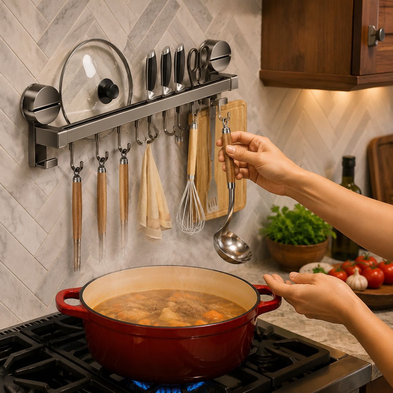 Close-up of gunmetal gray hanging bar holding kitchen accessories