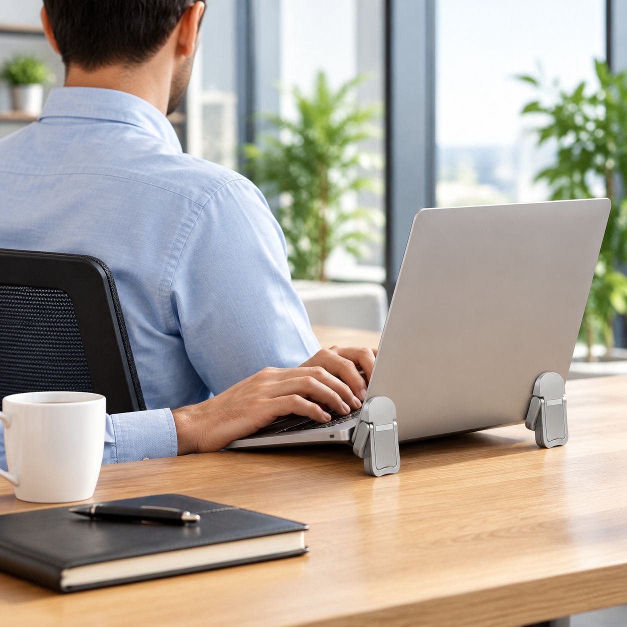 Portable foldable desktop computer stand in office setting