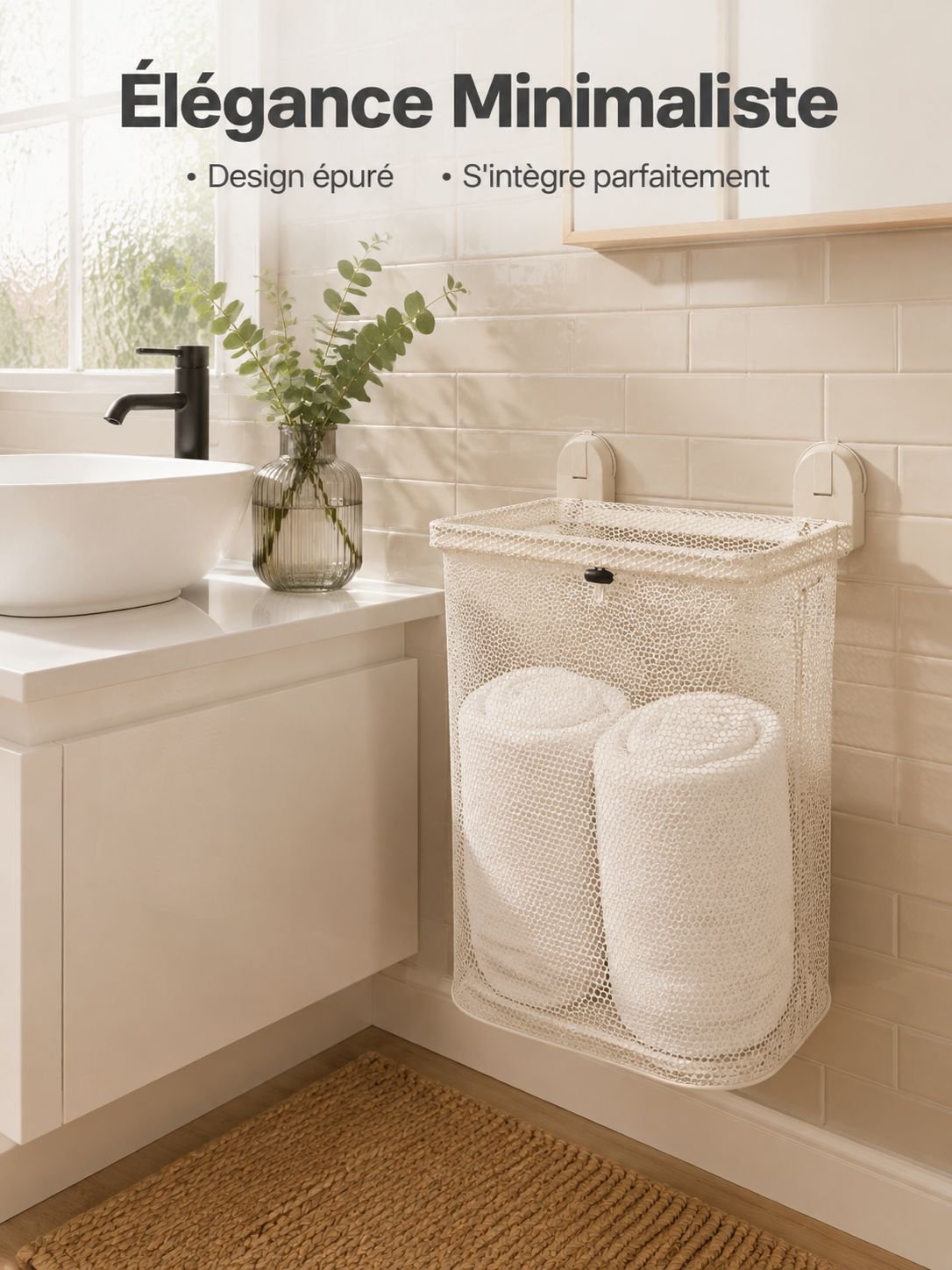 Panier à linge mural sans perçage, ventouse double, pliable, rangement salle de bain
