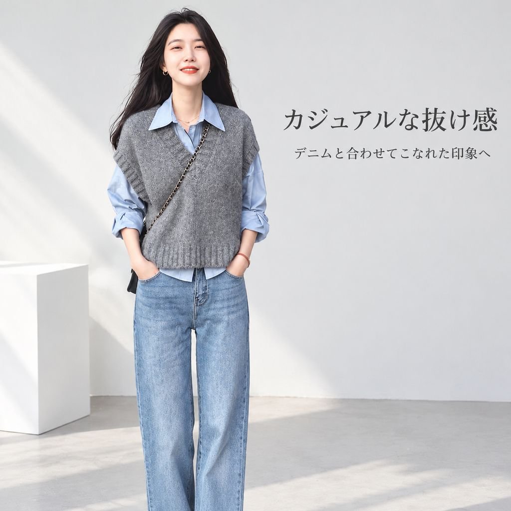 グレー スクールスタイル ニットベスト レディース 秋冬 重ね着 シャツセット
