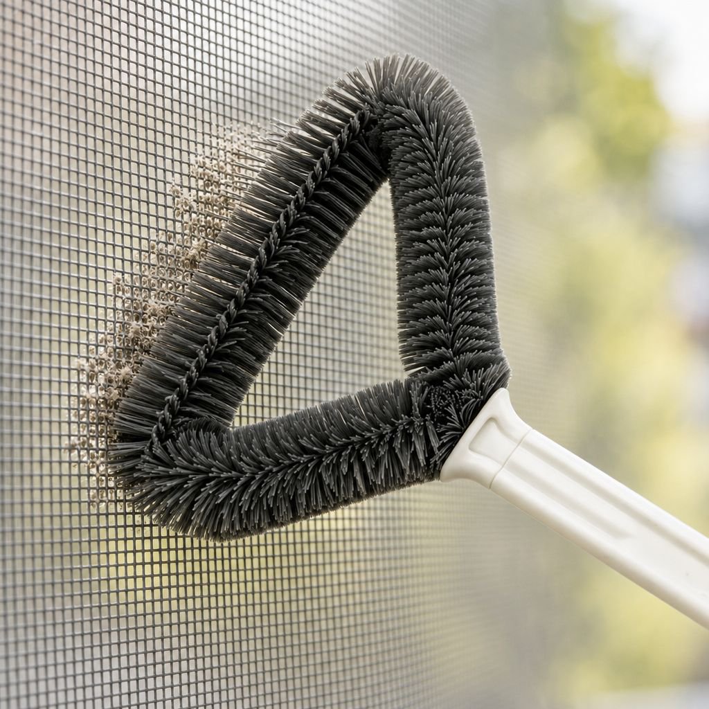 Washable triangle window screen brush cleaning a mesh screen
