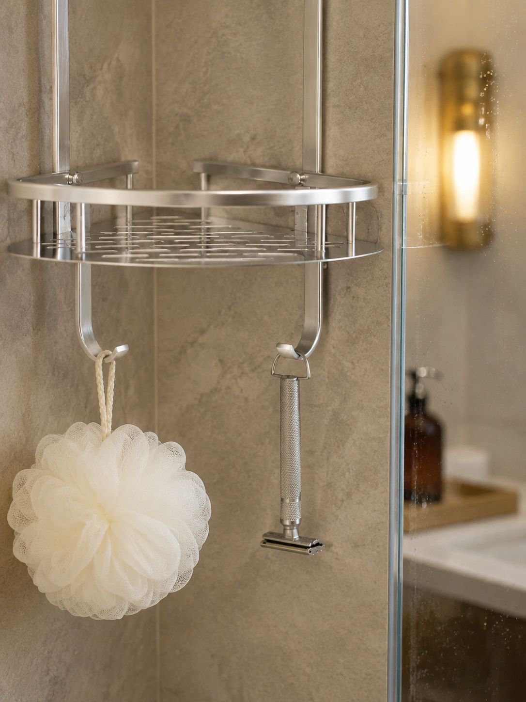 Étagère d’angle de salle de bain à trois niveaux en aluminium sans perçage