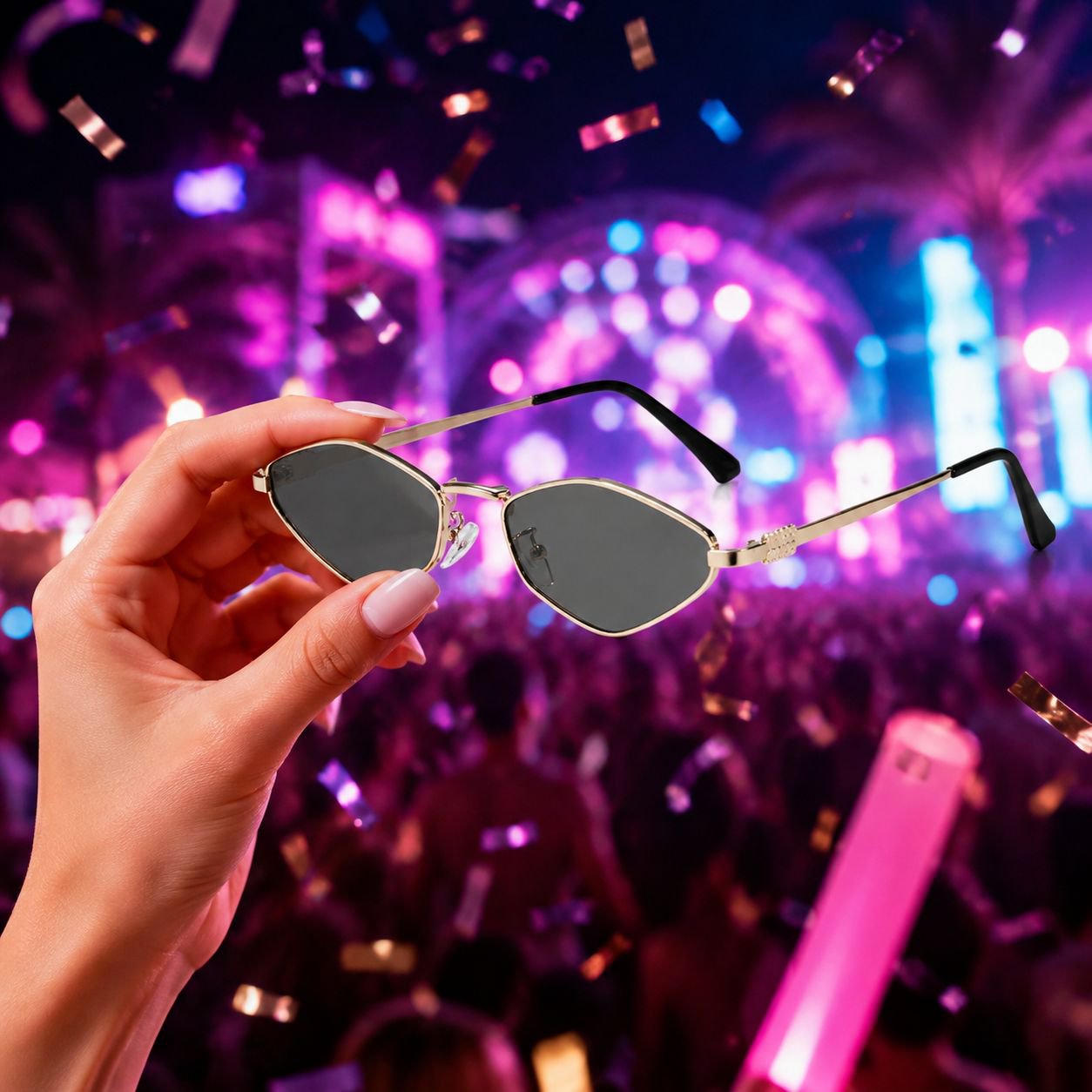 Metal polygonal sunglasses with small square lenses for modern women