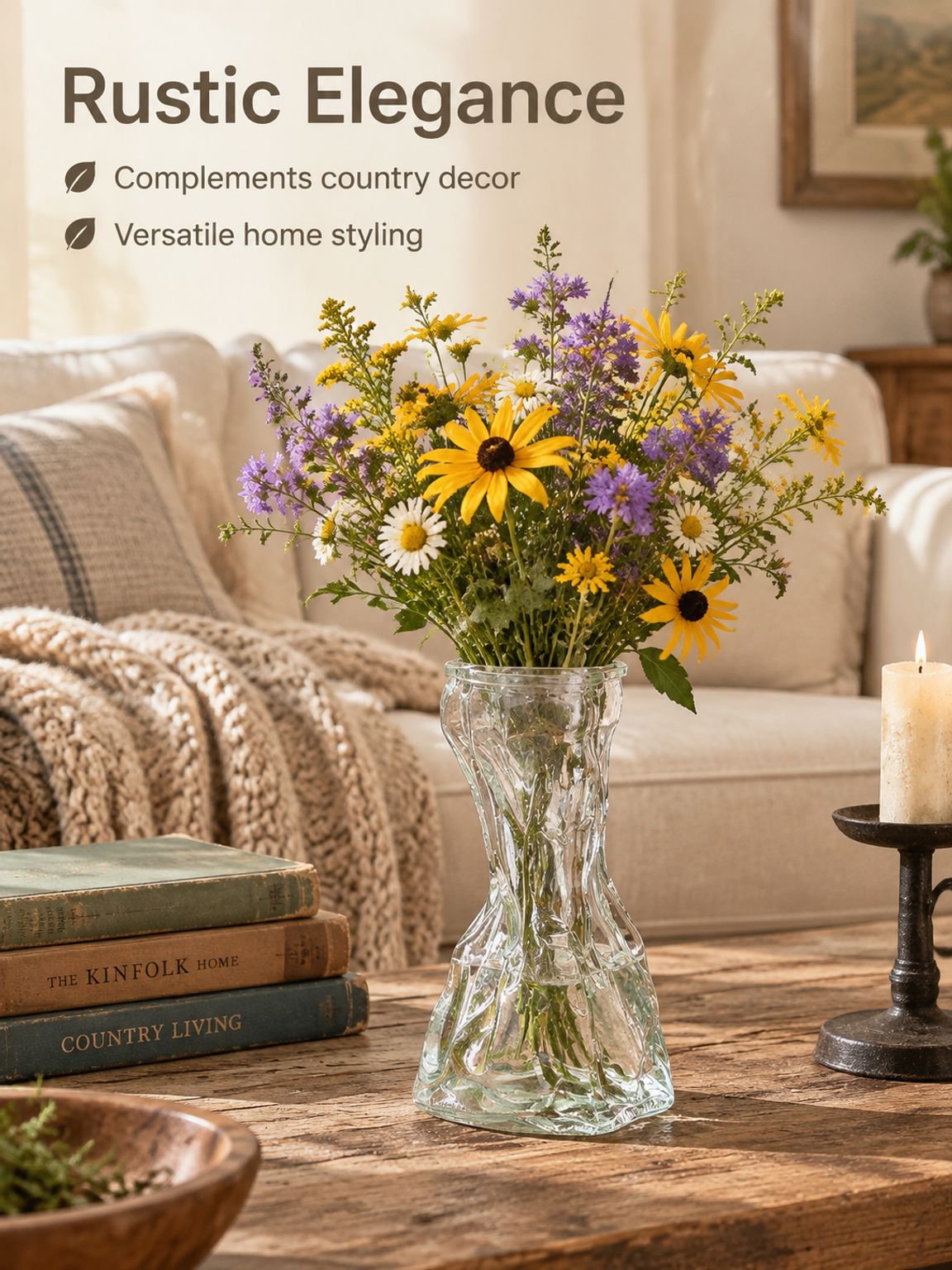 Crystal-clear glass vase holding a small flower arrangement