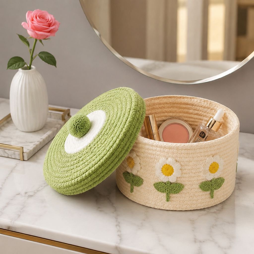 Decorative storage basket with lid on wooden shelf