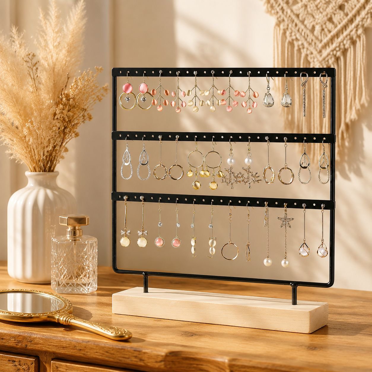 Jewelry display rack, solid wood and wrought iron earring holder, home earring storage, jewelry rack