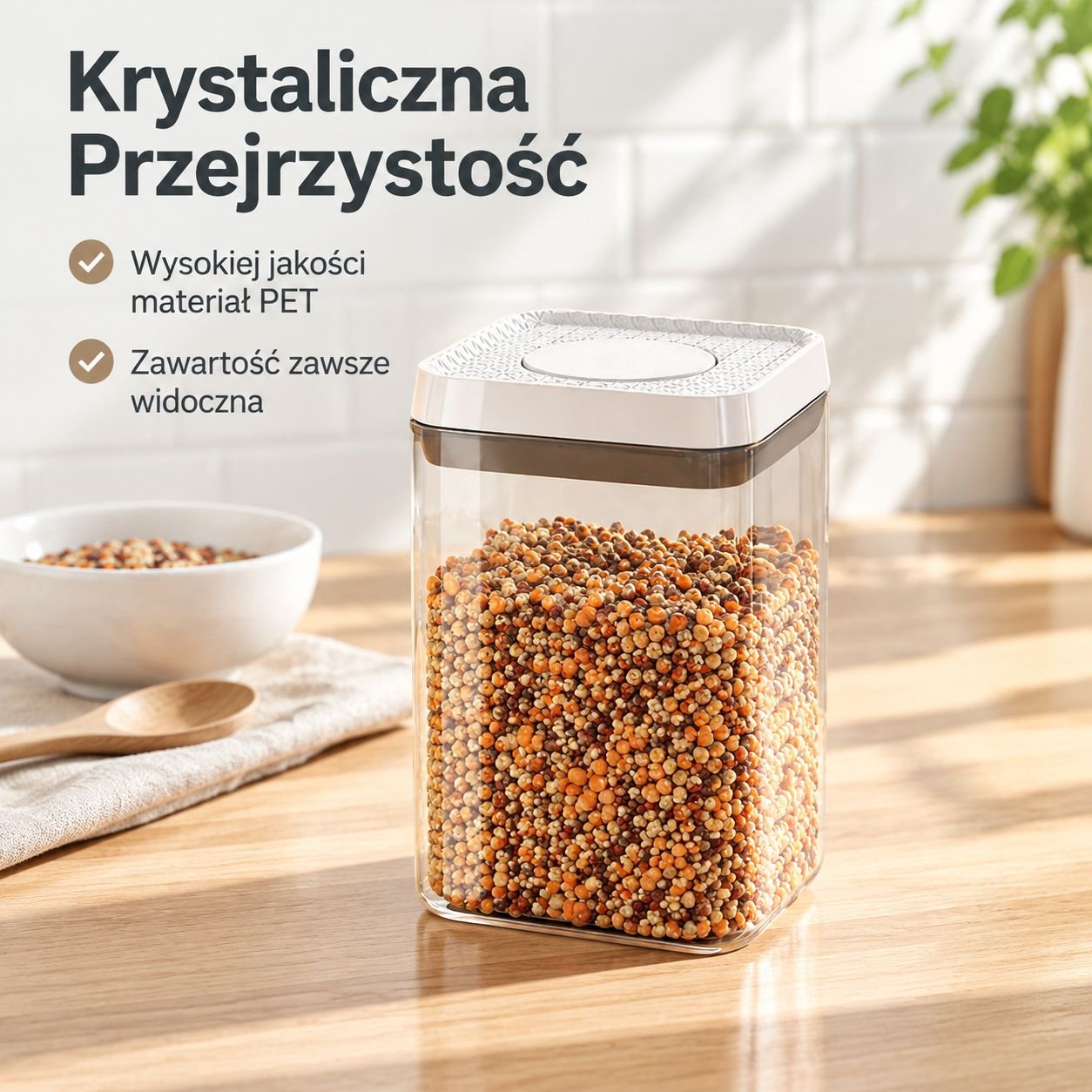Pojemnik na zboża z uszczelką i przyciskiem