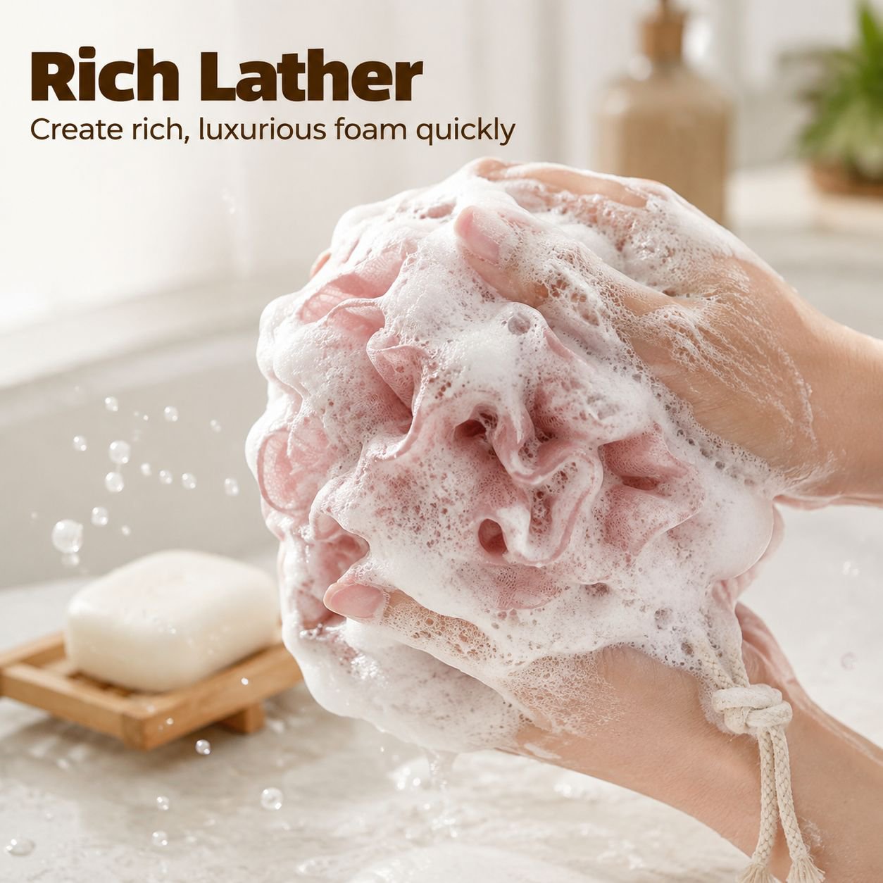 Drawstring bath ball foam net