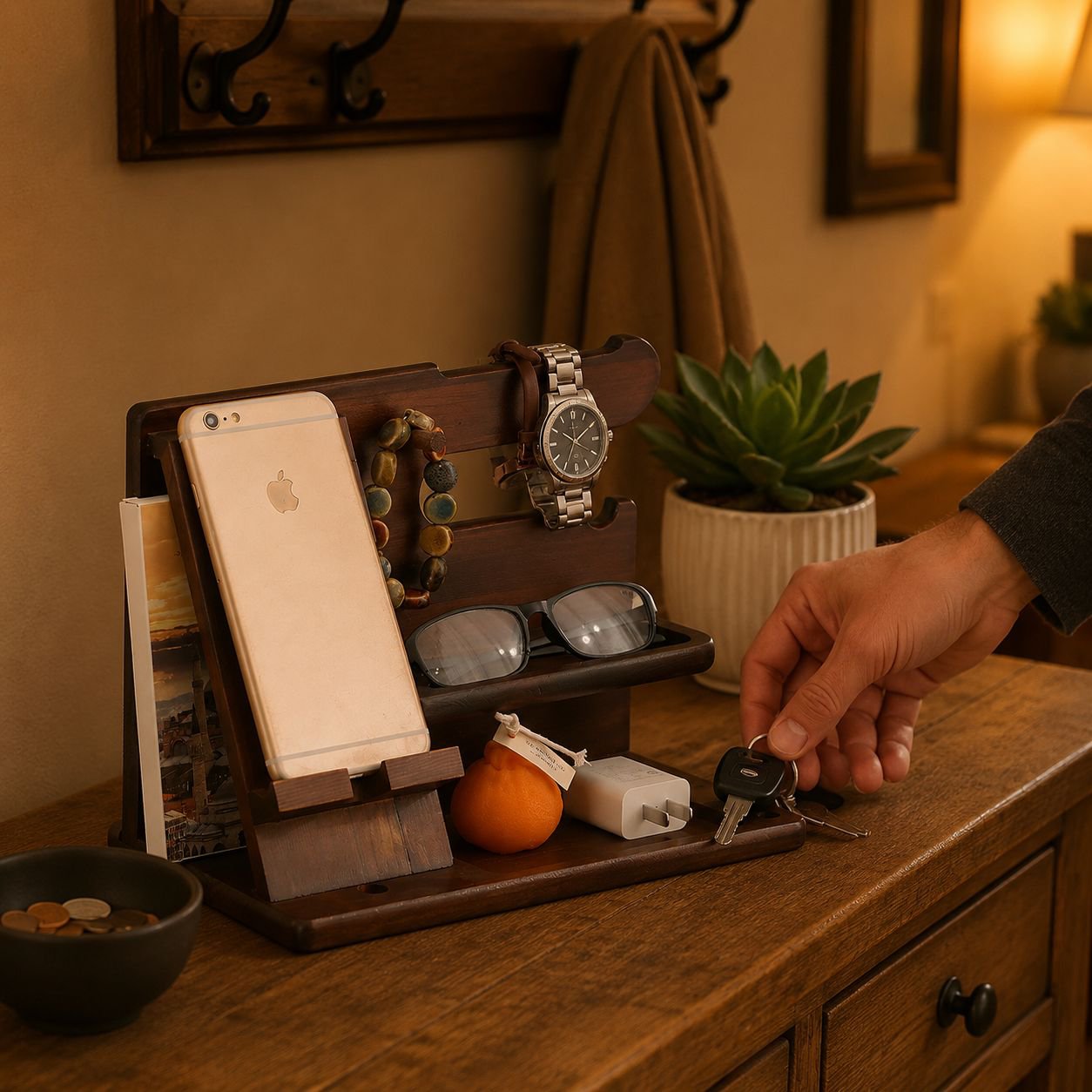 Solid wood phone stand and organizer on office desk