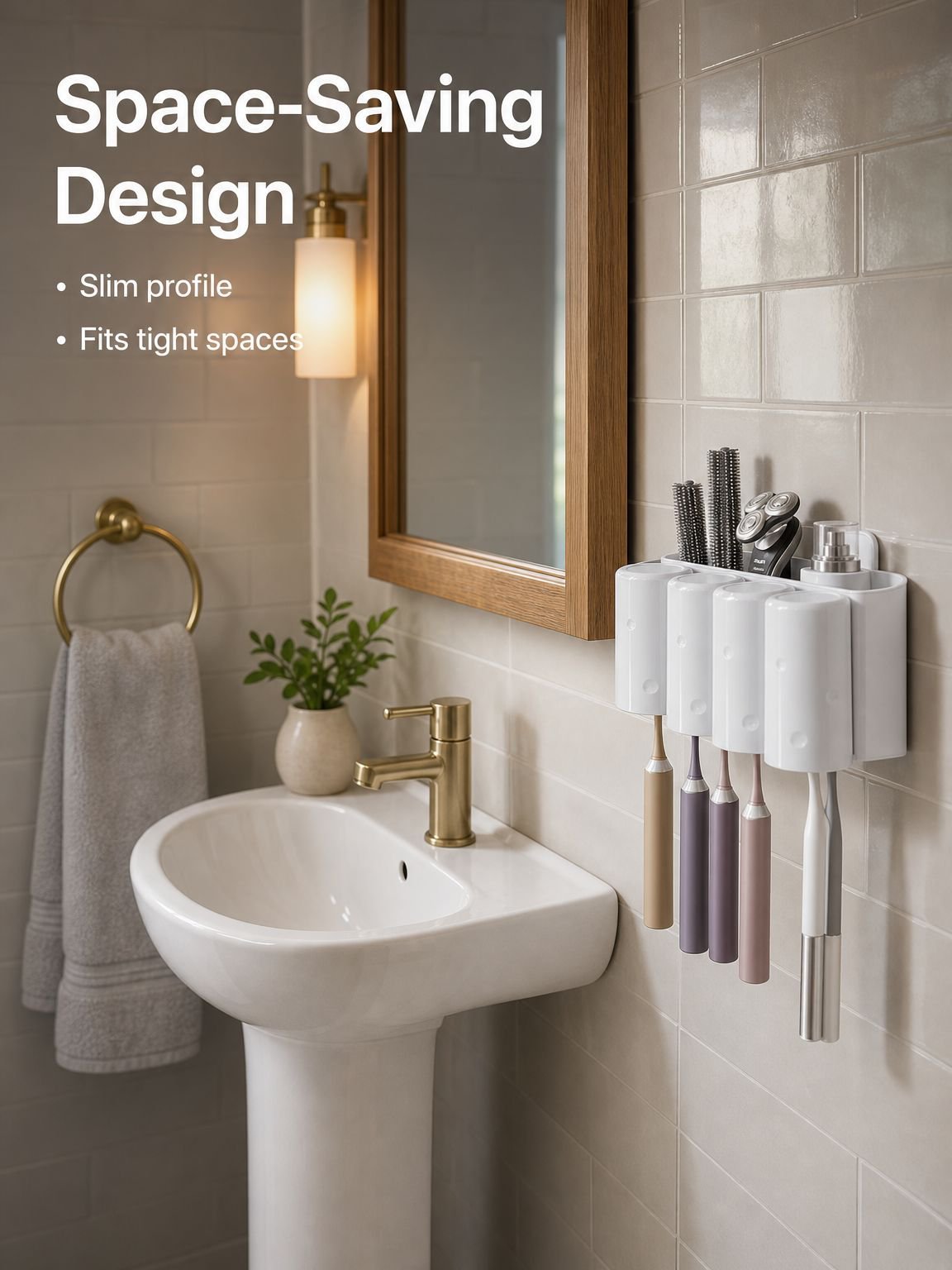 Suction-mounted toothbrush holder for everyday bathroom organization