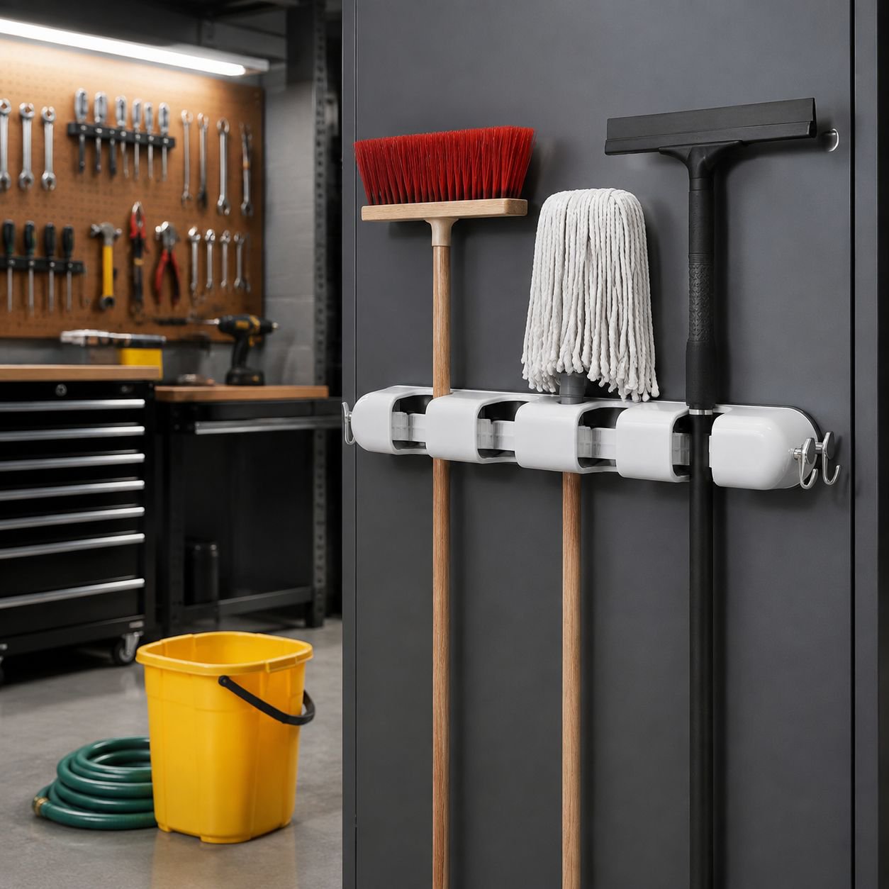 Dopamine suction cup mop holder mounted on bathroom wall