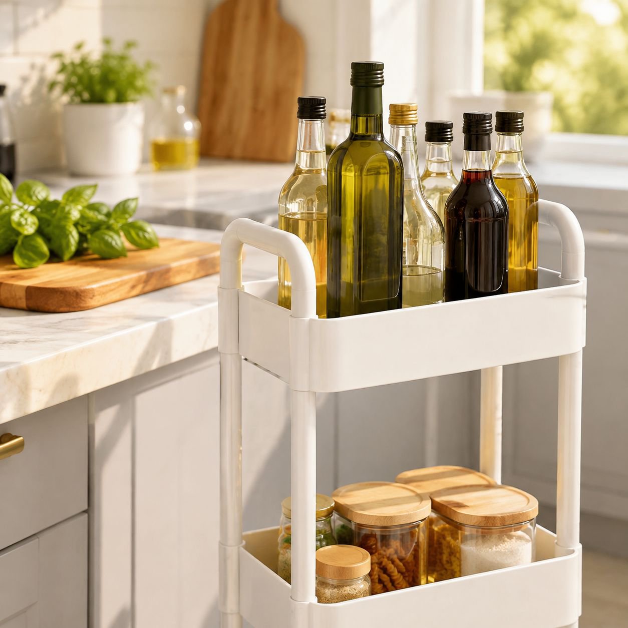 Household Multi-Layer Portable Food Organizer on a kitchen counter