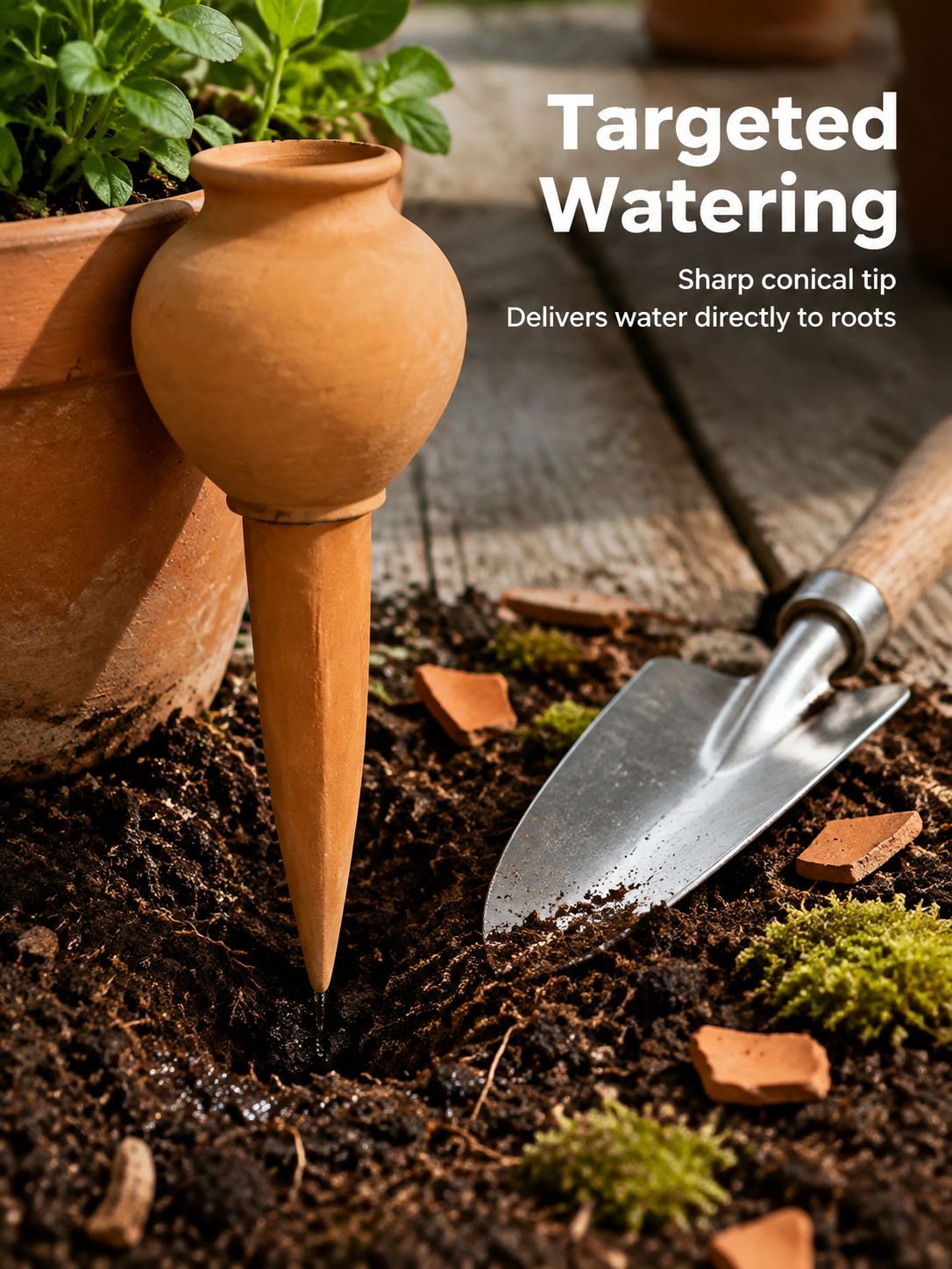 Eco-friendly terracotta plant irrigation spike in use