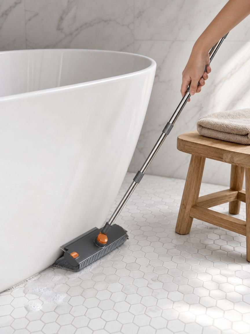 Rotating floor brush cleaning hard-to-reach corners