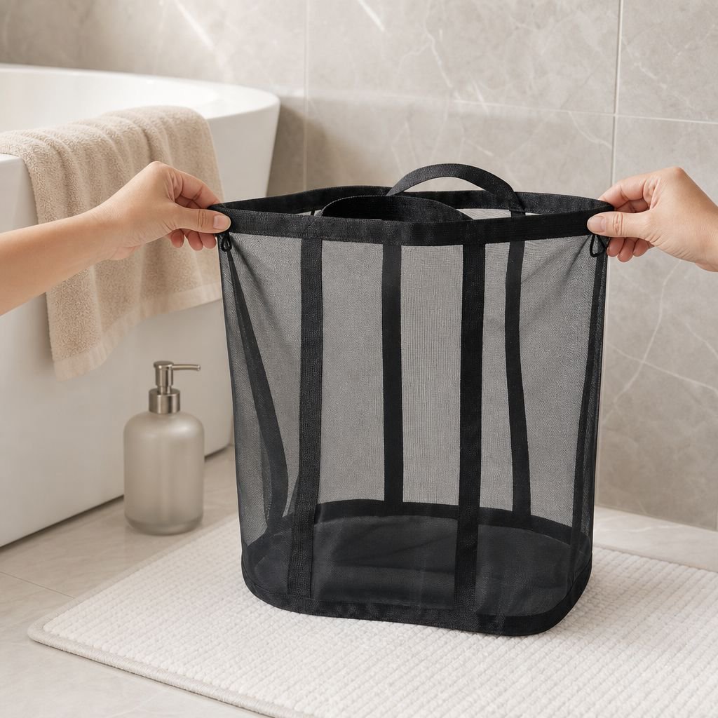 Easy-to-fold bathroom laundry bin for compact storage
