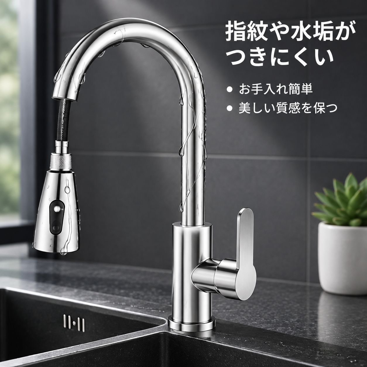 キッチン用引き出し式水栓、温水・冷水兼用、飛沫防止機能付き