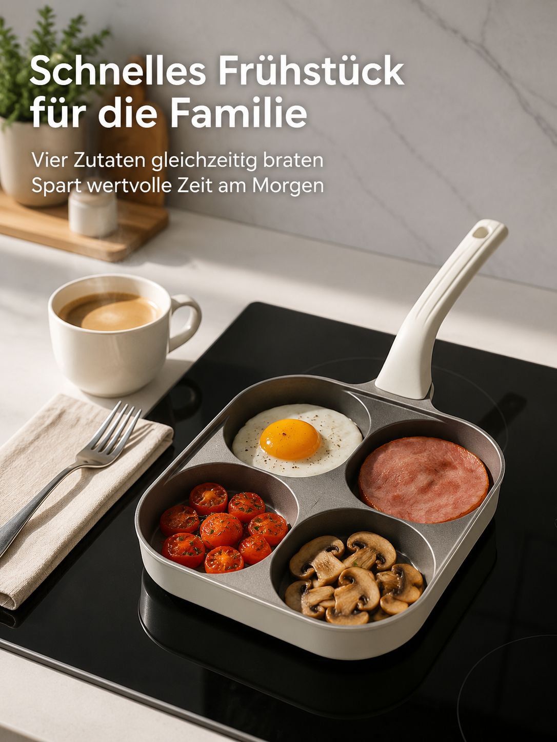 Antihaft-Eierpfanne mit Spiegeleiern in allen Mulden