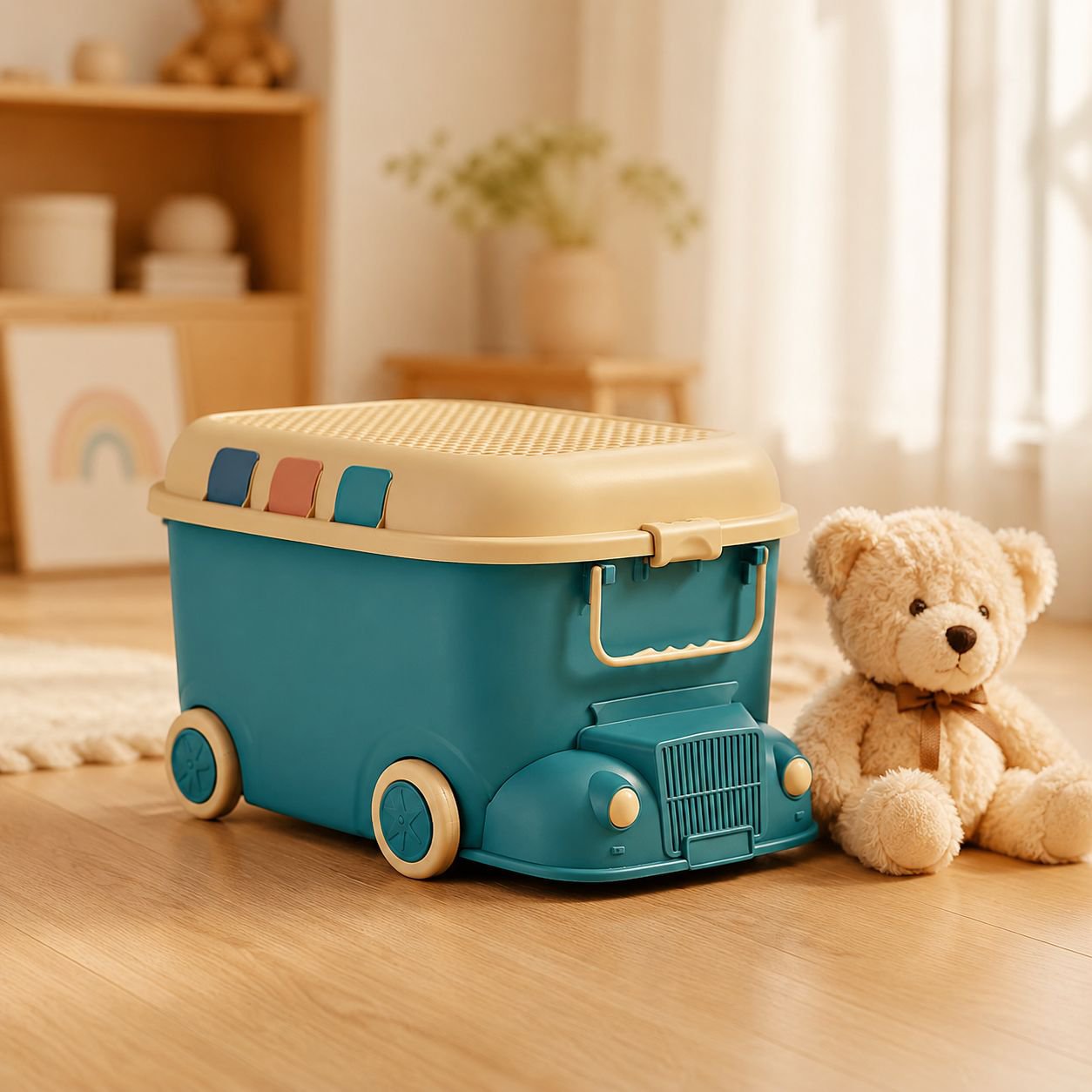 Front view of train-shaped kids toy storage bin